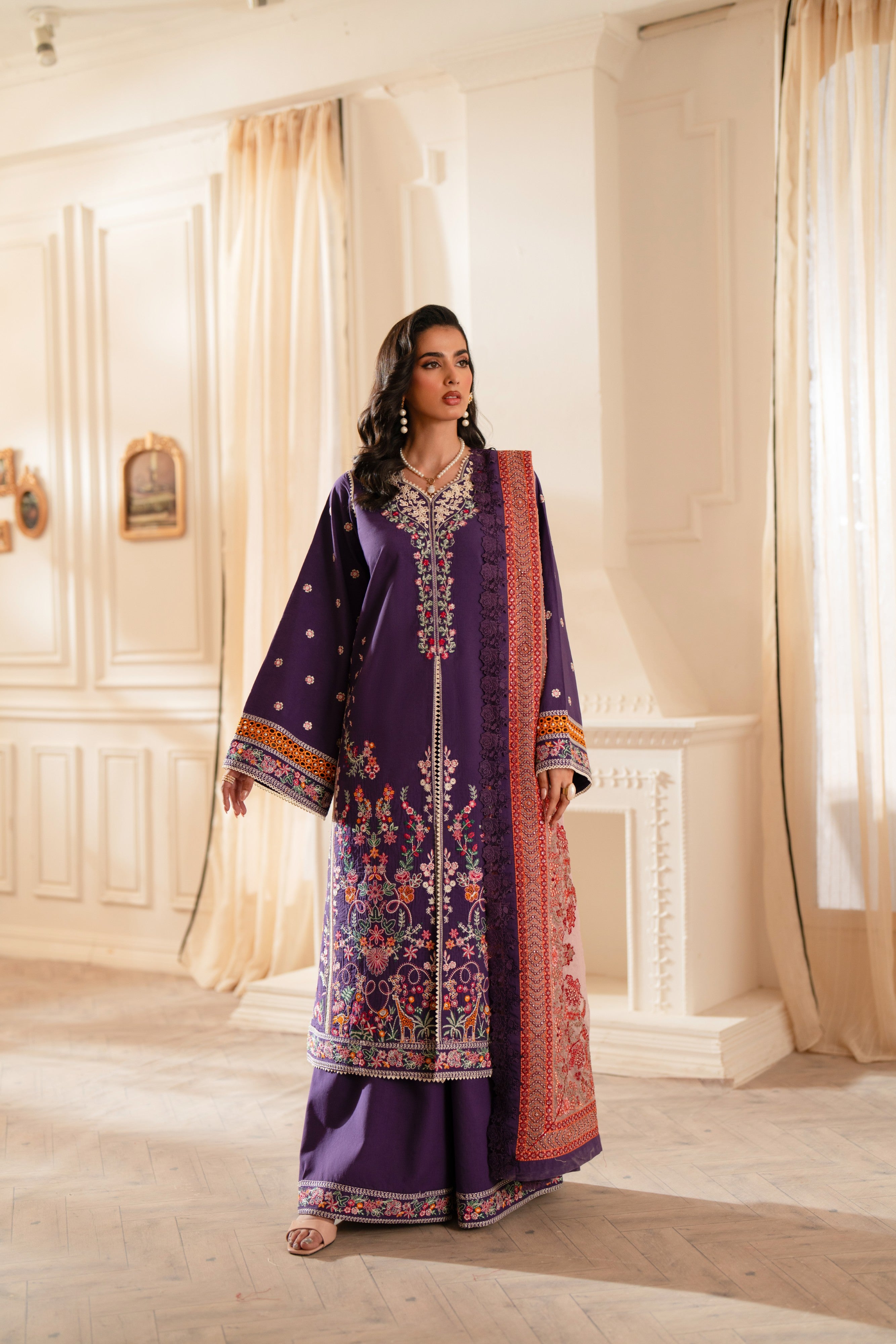 Lavande - Plum Luxury Lawn Floral Embroidered 3-Piece | Feyre Pakistan