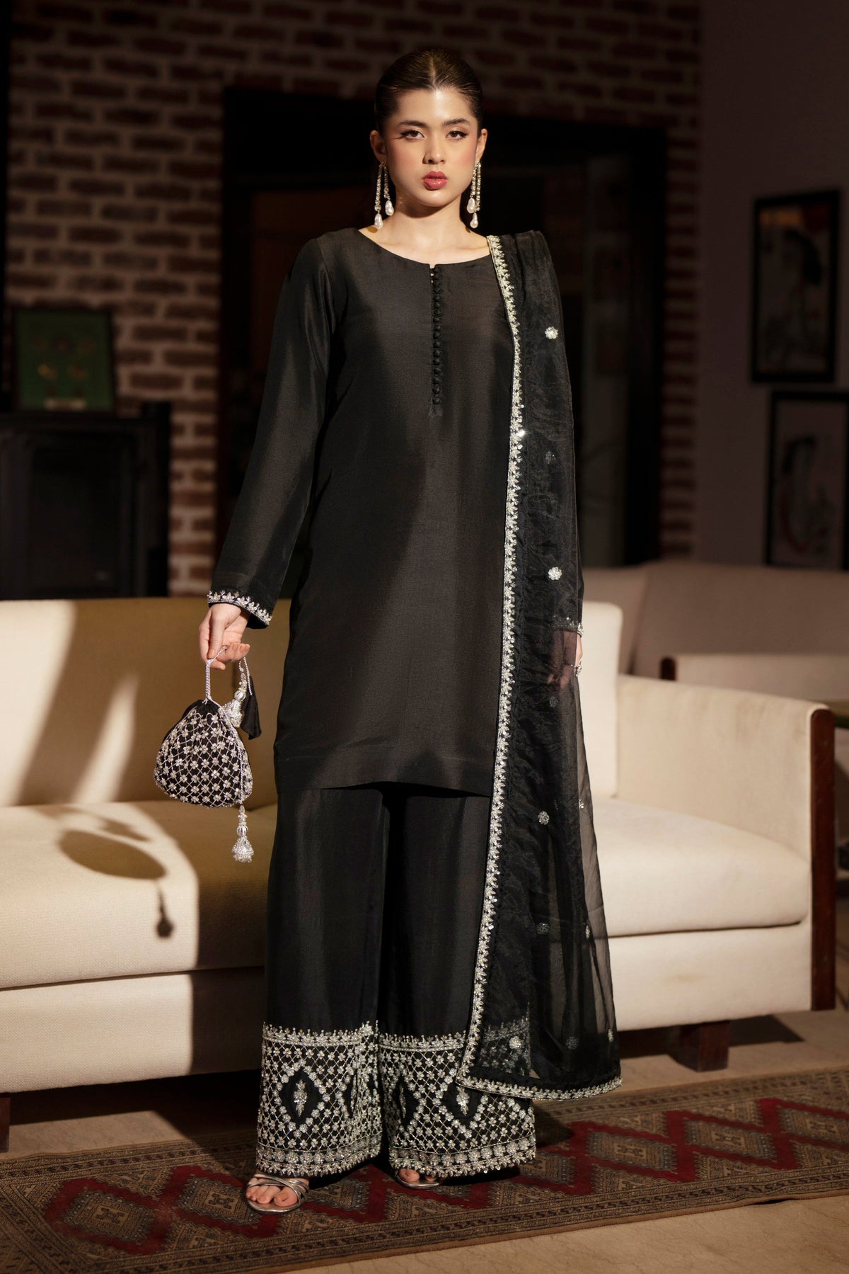 Eclipse - Black Raw Silk 3-Piece White Hand Embroidery | Feyre Pakistan