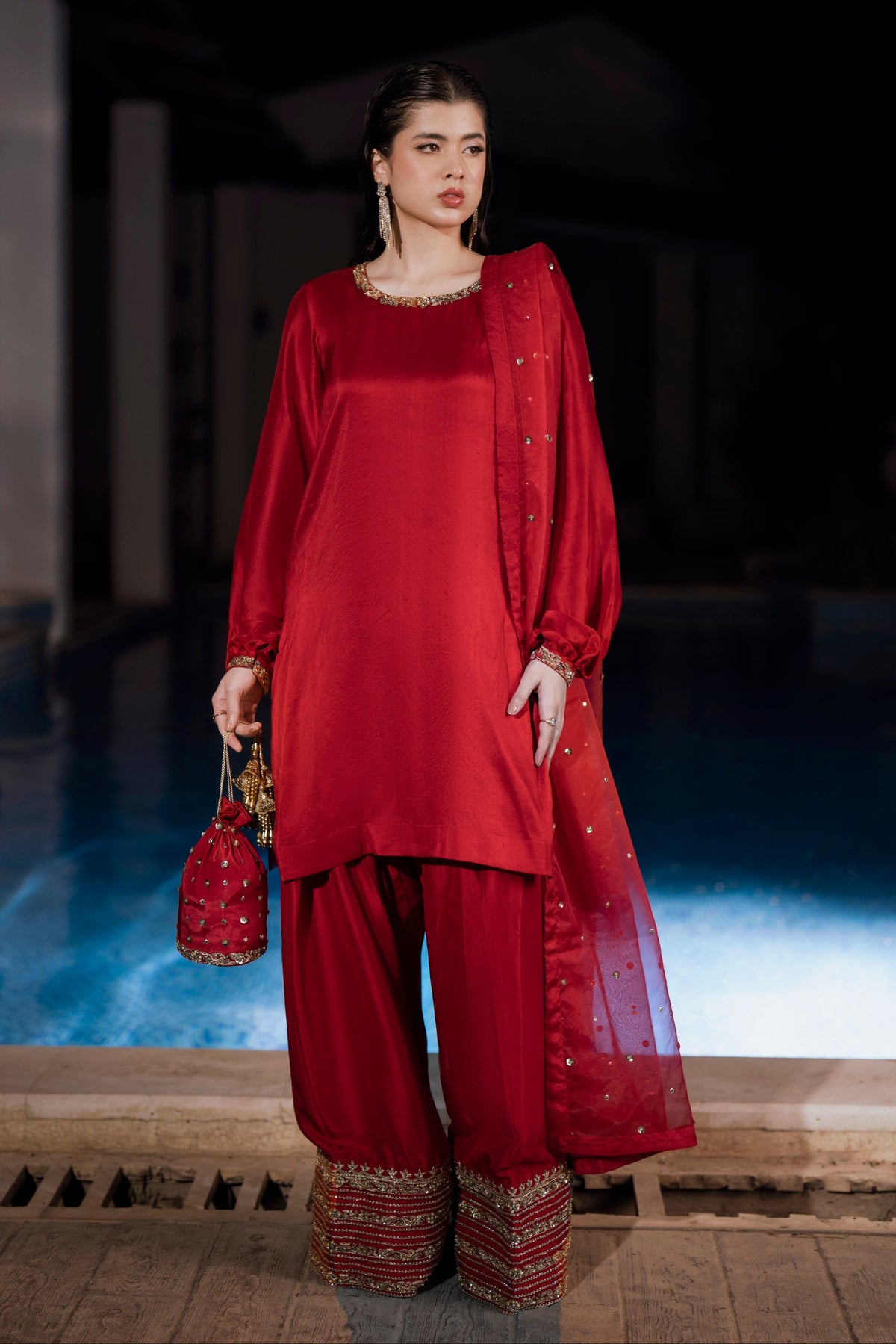 Crimson - Red Pure Silk 3-Piece with Farsi Shalwar | Feyre Pakistan