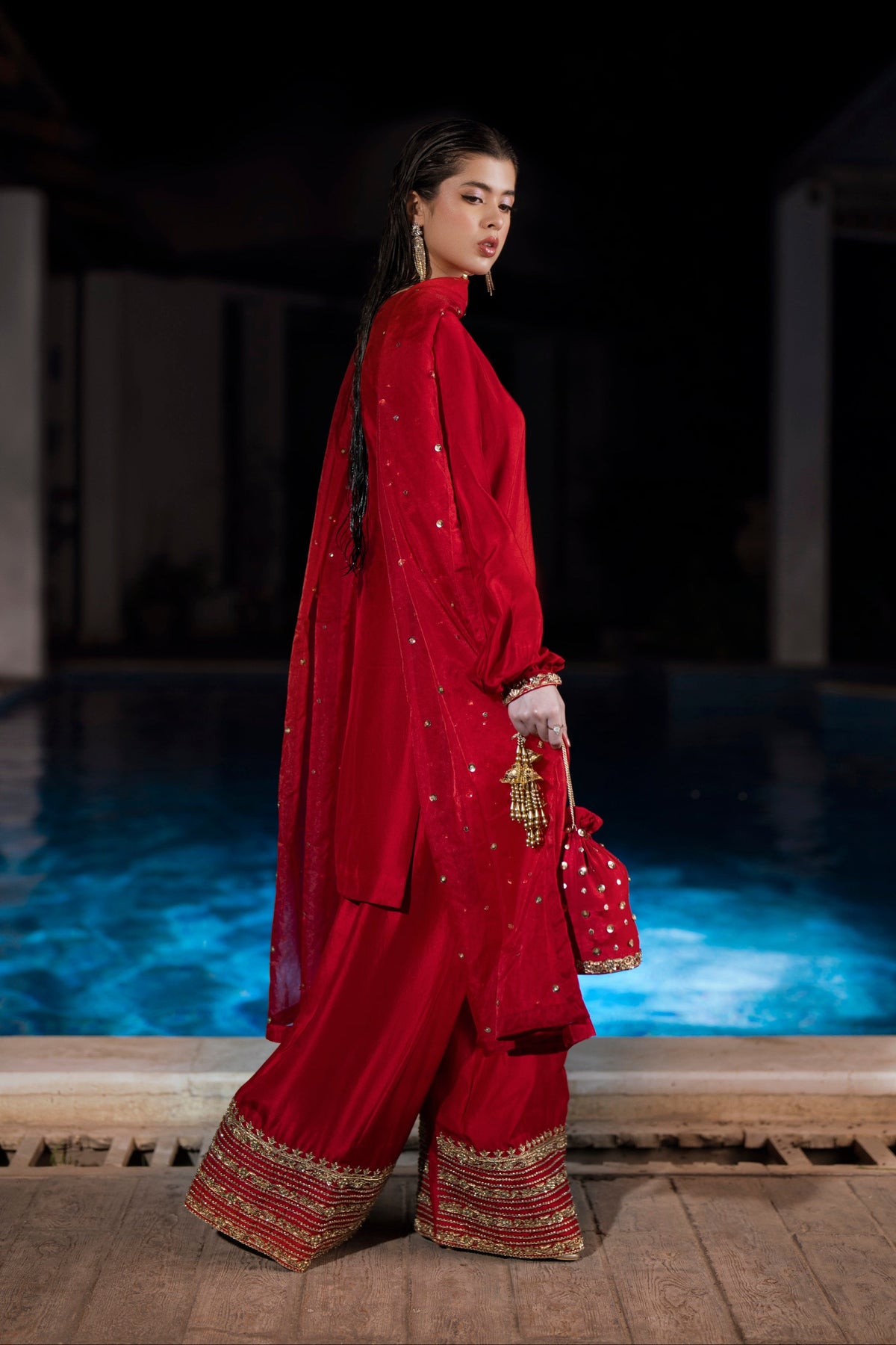 Crimson - Red Pure Silk 3-Piece with Farsi Shalwar | Feyre Pakistan