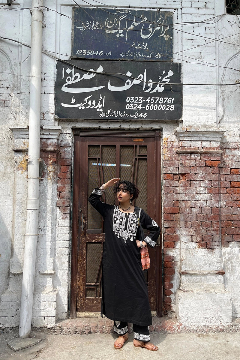 Black embroidered kurta with printed trousers — Feyre